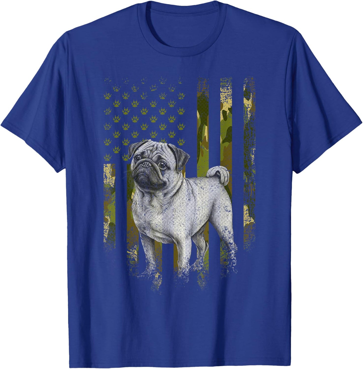 Vintage Camouflage USA Camo Flag Pug Dog 4th Of July T-Shirt - T-Shirt | Royal