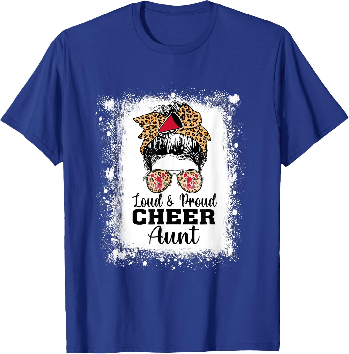 Loud & Proud Cheer Aunt Messy Bun Leopard Bleached T-Shirt - T-Shirt | Royal