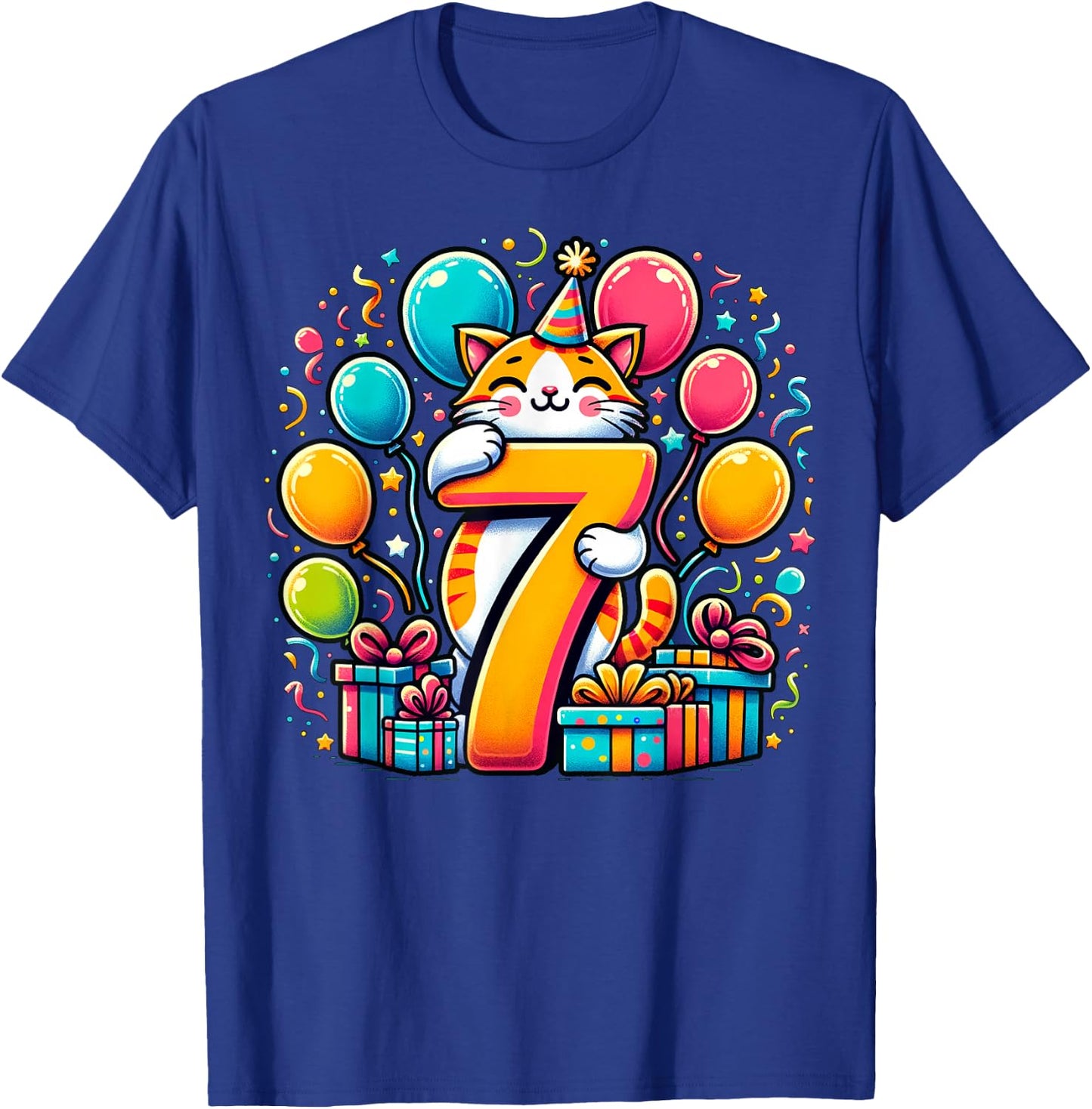 Cat 7th Birthday Boy Girl 7 Years Old Seventh Seven Cat , black T-Shirt - T-Shirt | Royal