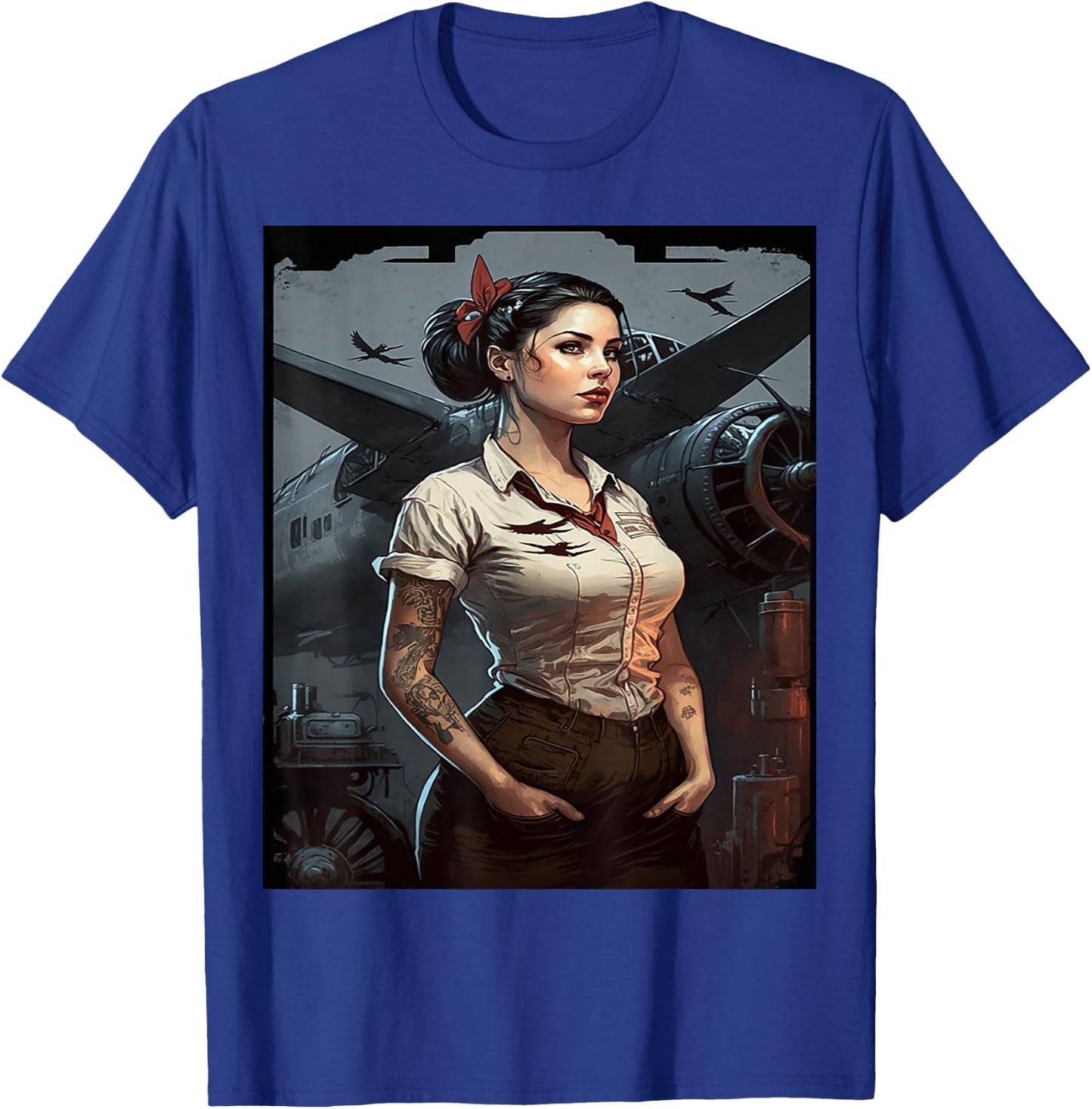 Strong Military Pinup Woman With Tattoos Airplane Retro Art T-Shirt - T-Shirt | Royal