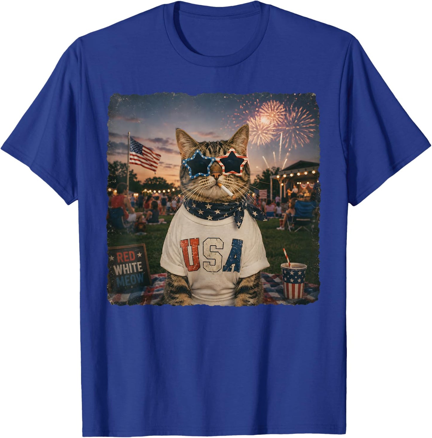 Funny American Cat Smoking Sunglasses Meme Funny 4th of July T-Shirt - T-Shirt | Royal