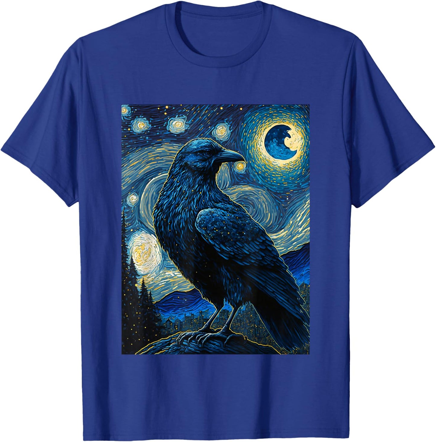 Raven Starry Night Style Painting, Van Gogh Crow Lover T-Shirt - T-Shirt | Royal