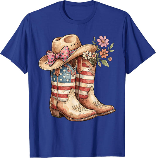 Cowboy Boots Cowgirl American Flag Hat Western 4th of July T-Shirt - T-Shirt | Royal