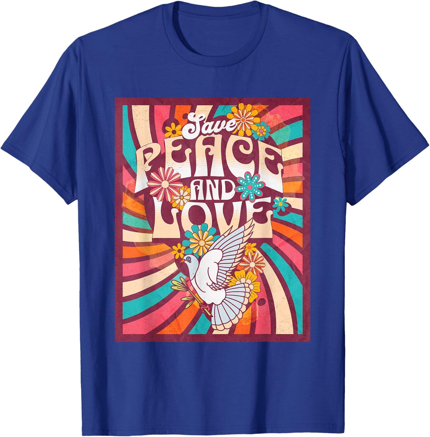Save Peace and Love Retro Hippie Dove Floral Style 70s , Black, S T-Shirt - T-Shirt | Royal