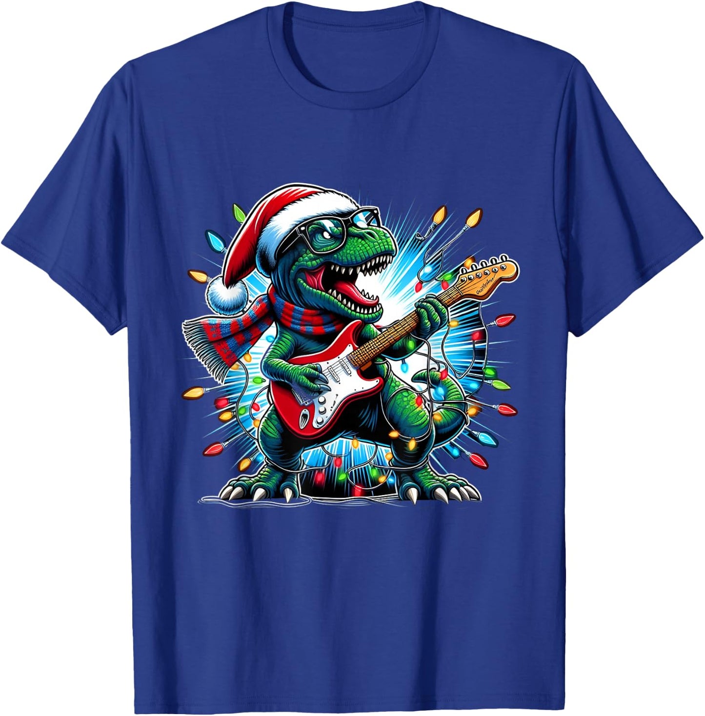 Dinosaur Guitar Player Xmas Funny Trex Dinosaur Christmas T-Shirt - T-Shirt | Royal