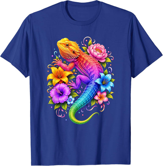 Colorful Floral Bearded Dragon Flowers Rainbow Women Girls T-Shirt - T-Shirt | Royal
