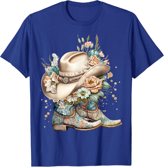 Cowgirl Boots Hat Floral Western Cowgirl Boots Cowhide Rodeo T-Shirt - T-Shirt | Royal
