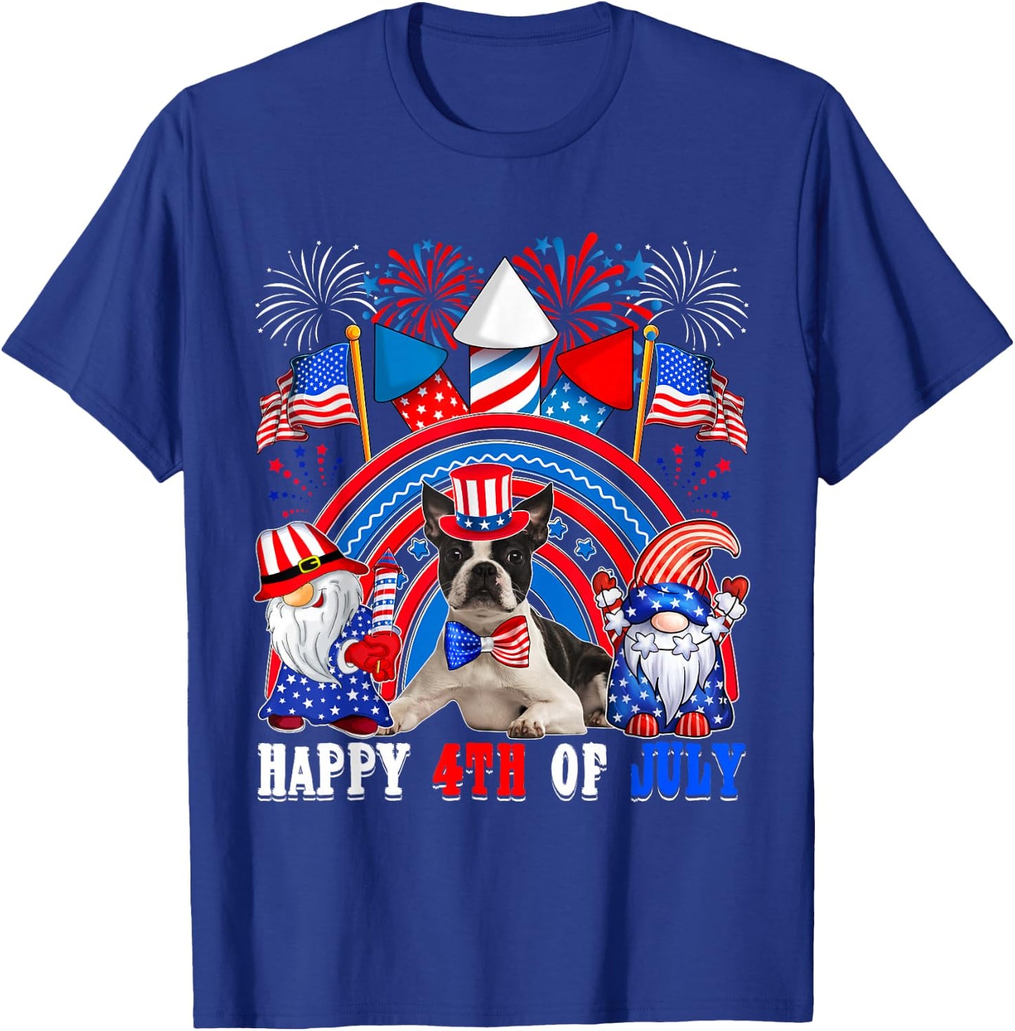 4th Of July American Flag Fireworks Boston Terrier Gnomes T-Shirt - T-Shirt | Royal