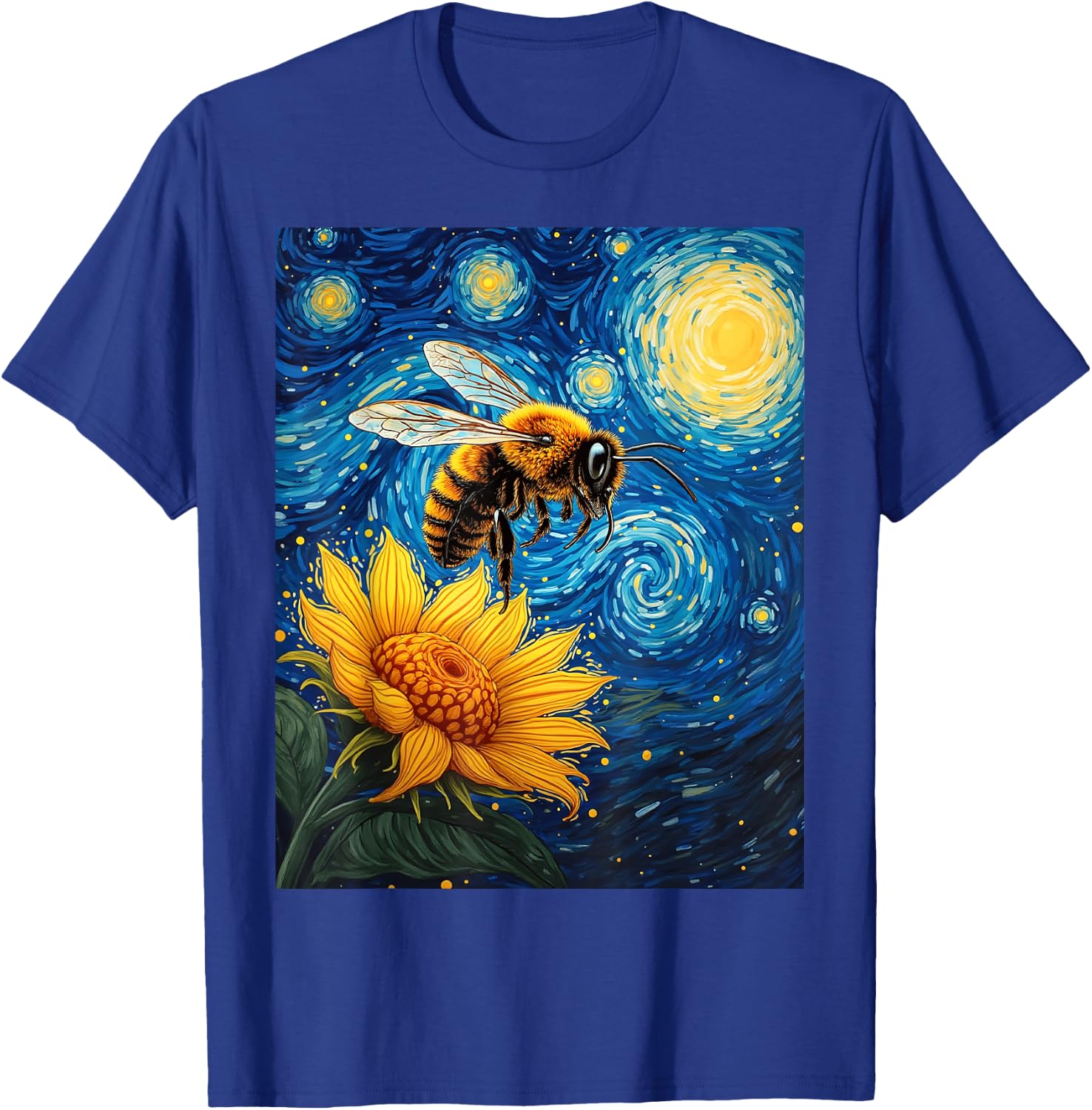 Van Gogh's Starry Night Bee Sunflower Nature Art T-Shirt - T-Shirt | Royal