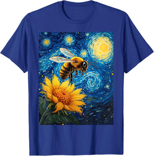 Van Gogh's Starry Night Bee Sunflower Nature Art T-Shirt - T-Shirt | Royal
