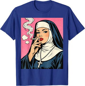 Nun Smoking a Cigarette pop Art T-Shirt - T-Shirt | Royal