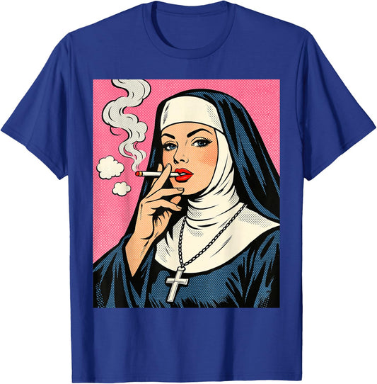 Nun Smoking a Cigarette pop Art T-Shirt - T-Shirt | Royal