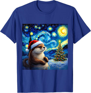Christmas Otter Santa Hat Van Gogh Starry Night Holiday T-Shirt - T-Shirt | Royal