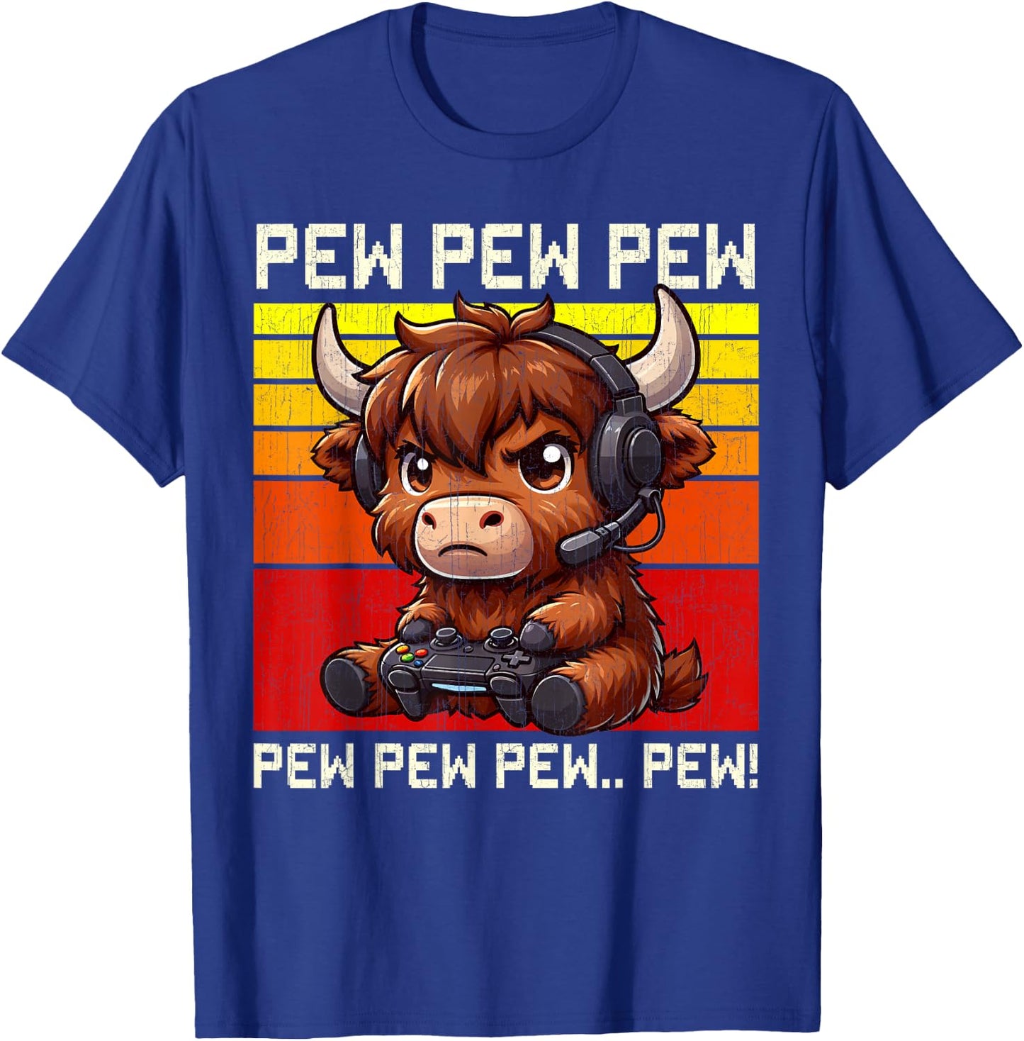 Highland Cow Gamer Pew Funny Video Games Vintage Boys Men T-Shirt - T-Shirt | Royal
