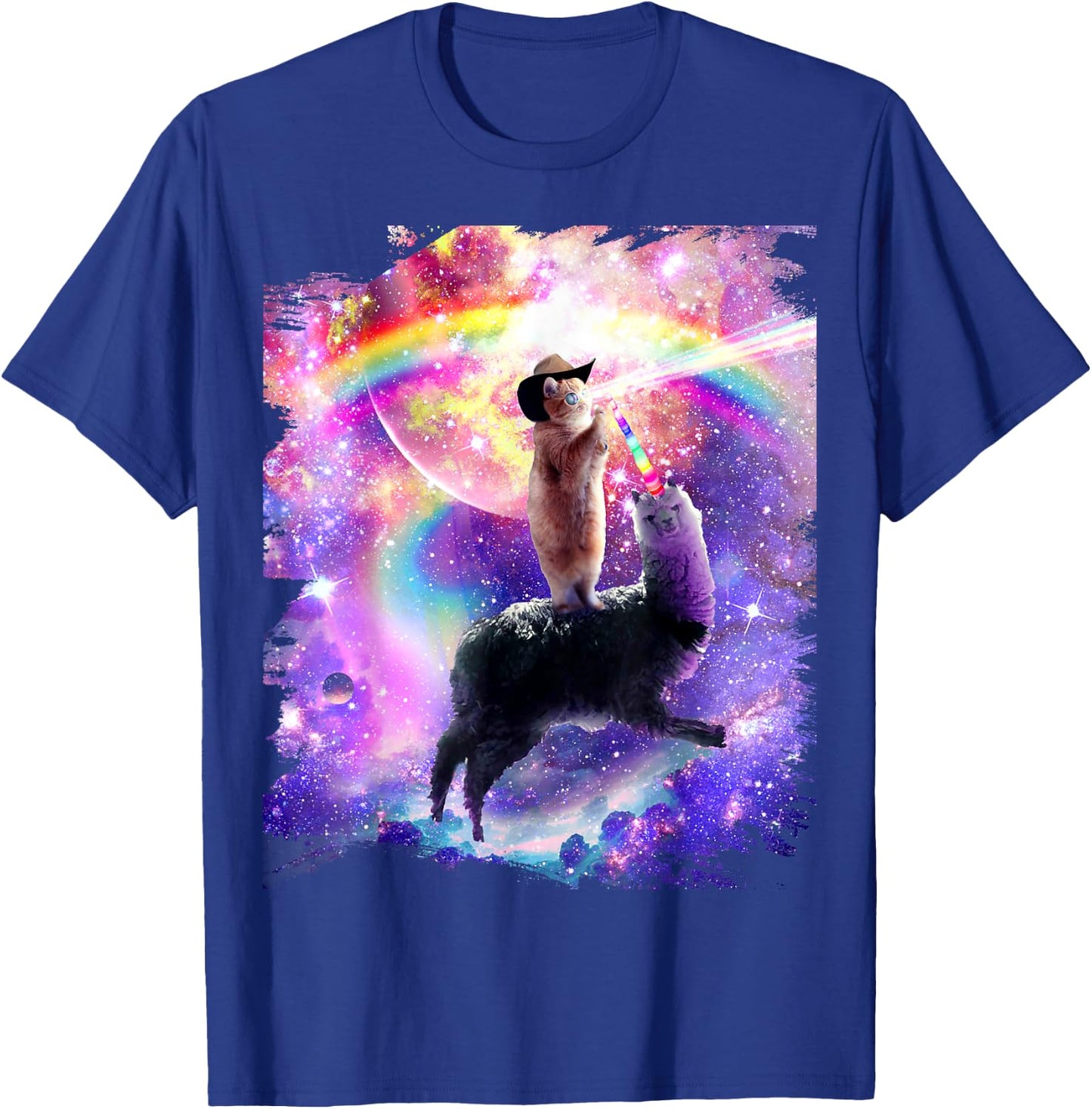 Laser Space Cat On Rainbow Galaxy Llama Unicorn T-Shirt - T-Shirt | Royal