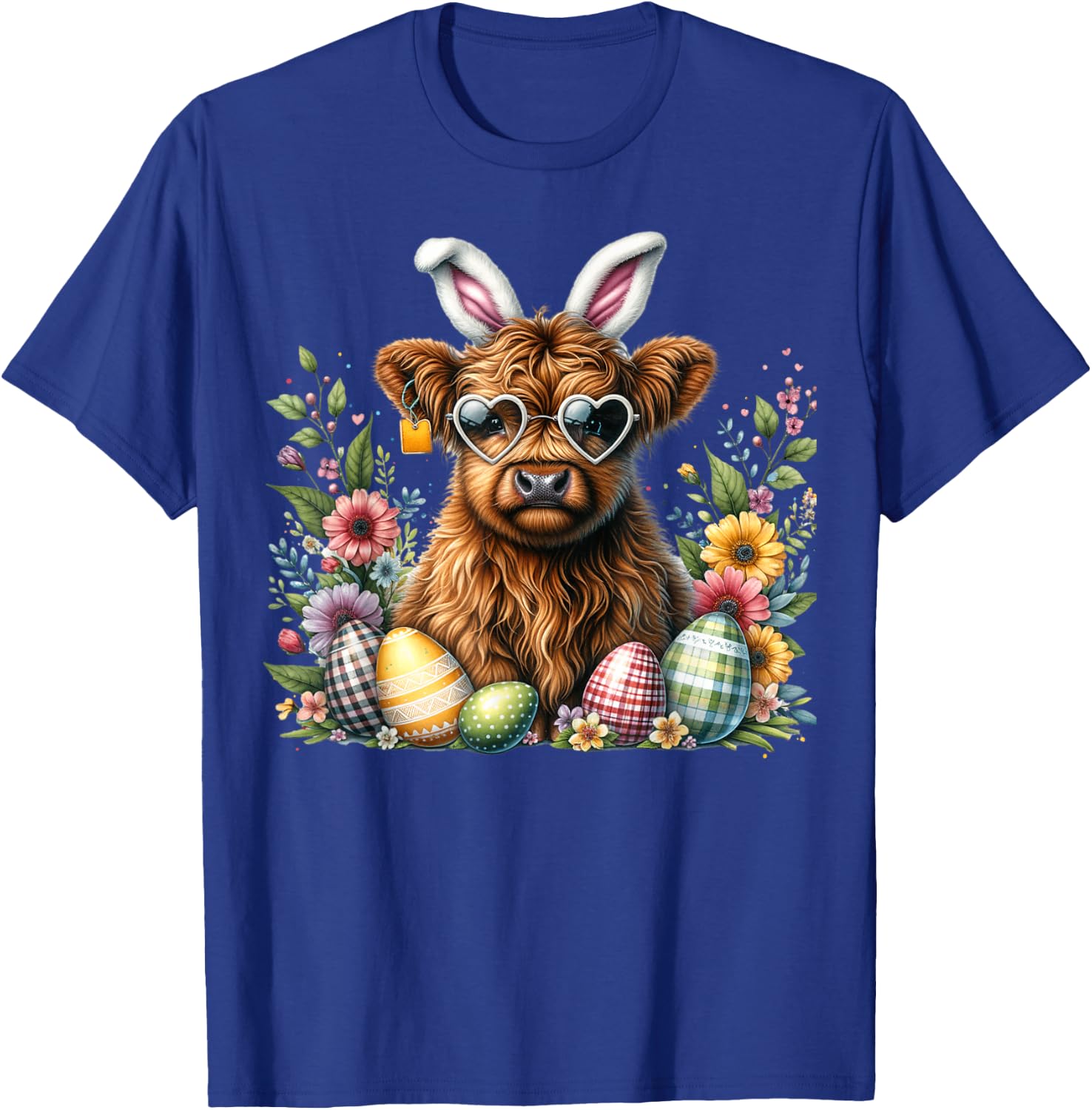 Highland Cow Easter Bunny Moo Basket Egg Hunt Gingham Floral T-Shirt - T-Shirt | Royal