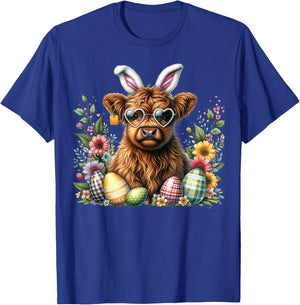 Highland Cow Easter Bunny Moo Basket Egg Hunt Gingham Floral T-Shirt - T-Shirt | Royal