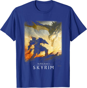 Skyrim Dragon Showdown with Daedric Armor RPG Video Game T-Shirt - T-Shirt | Royal
