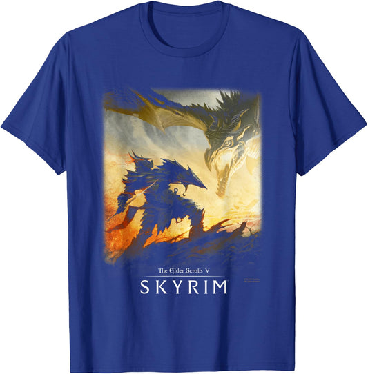 Skyrim Dragon Showdown with Daedric Armor RPG Video Game T-Shirt - T-Shirt | Royal