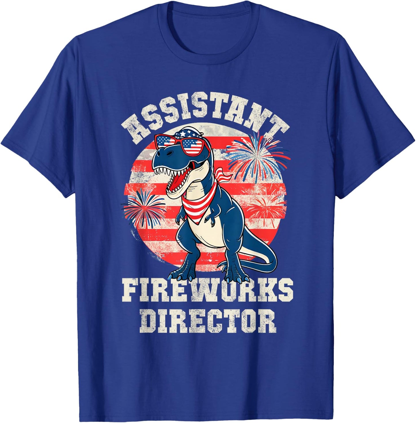 Kids T-Rex ASSISTANT FIREWORKS DIRECTOR 4th July Red White T-Shirt - T-Shirt | Royal
