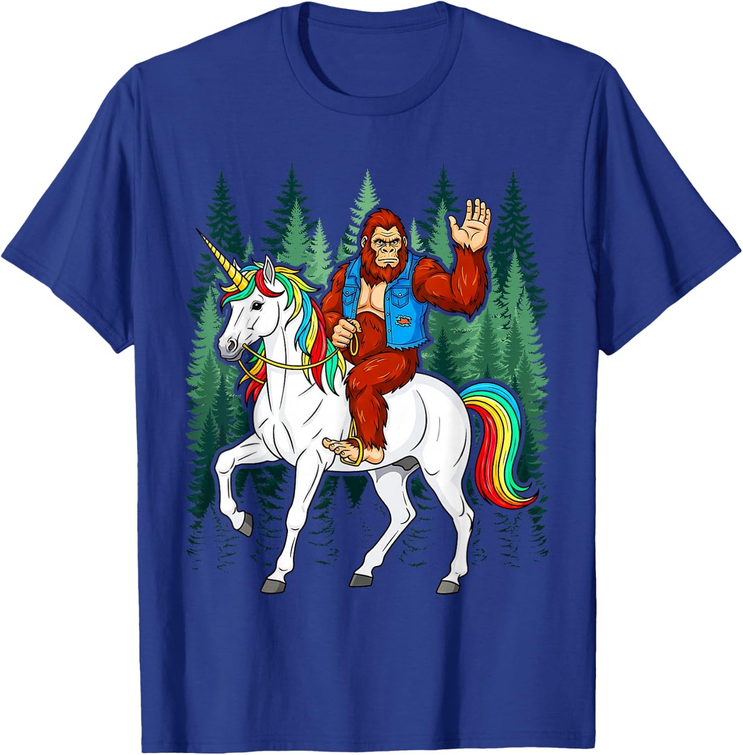 Bigfoot Riding a Unicorn Men Women Kids Sasquatch T-Shirt - T-Shirt | Royal