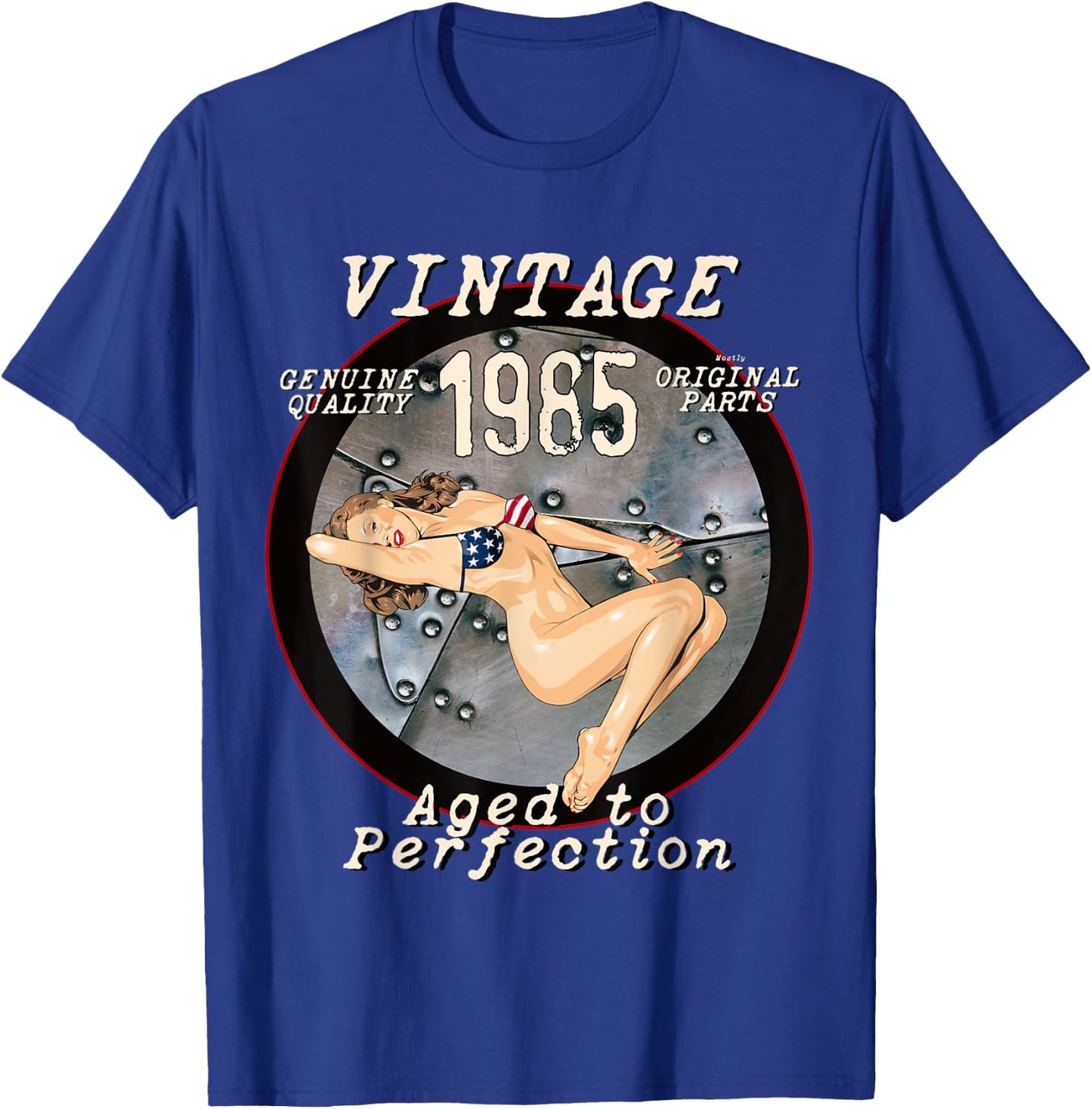 1985 Bomber Nose Art Hot Pinup 36th Birthday Gift Distressed T-Shirt - T-Shirt | Royal