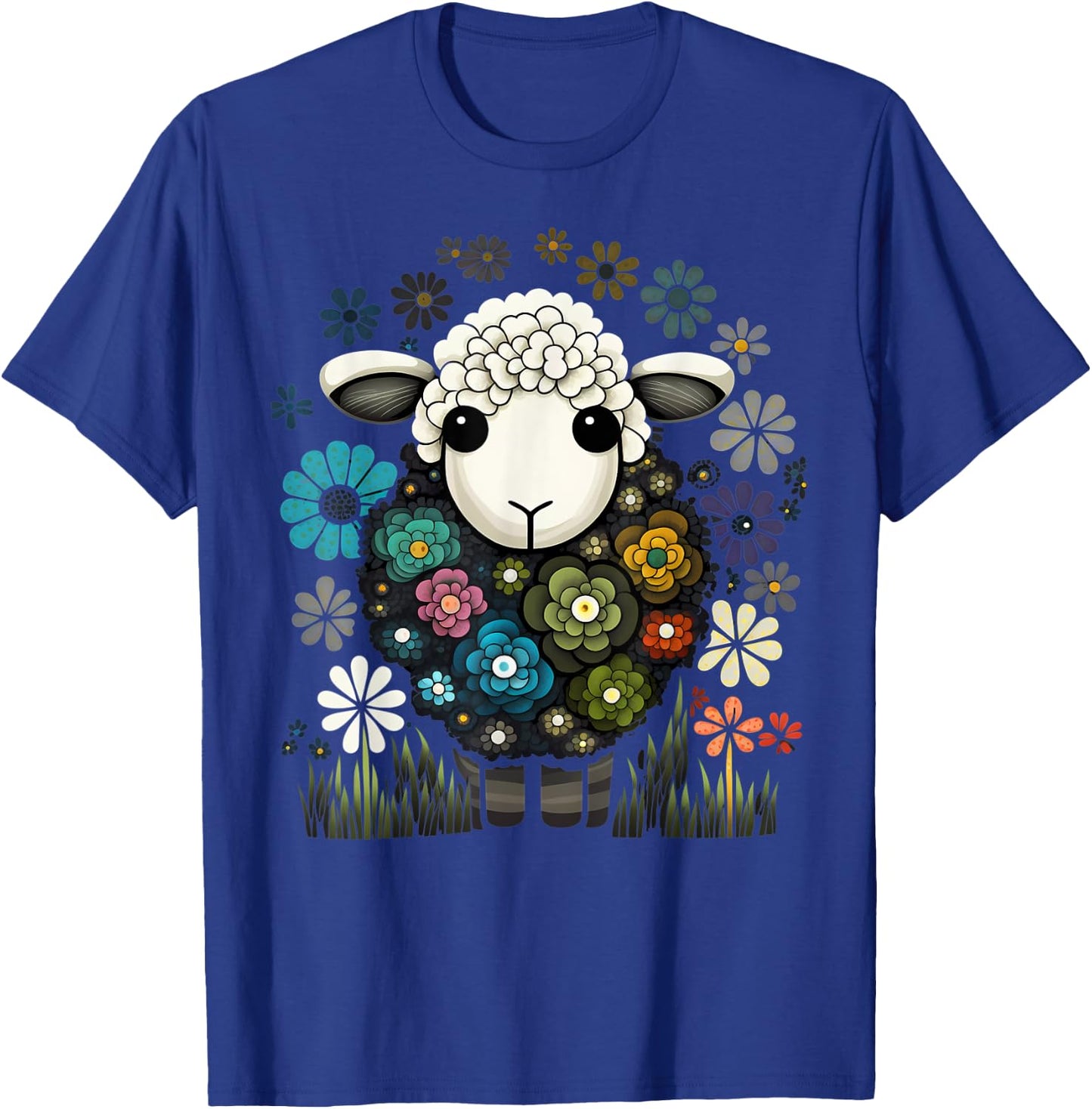 Colorful Sheep Cartoon Flower Garden Cute Farm Animals Black T-Shirt - T-Shirt | Royal