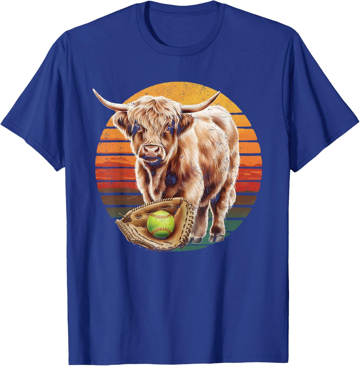 Highland Cow Softball Player Team Vintage T-Shirt - T-Shirt | Royal
