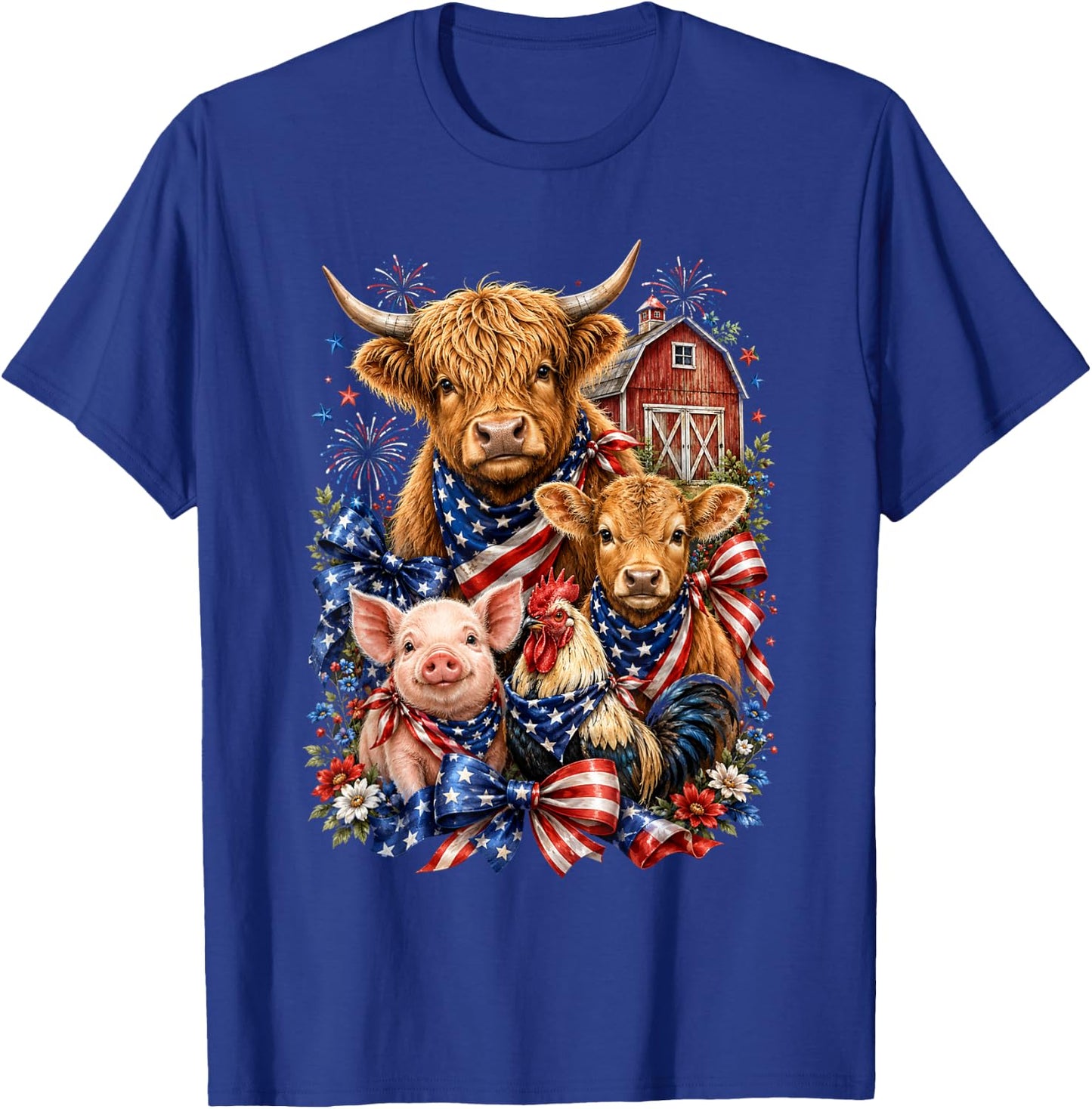 Patriotic Farm Animals 4th of July Barn Cow Pig Chicken Bow T-Shirt - T-Shirt | Royal