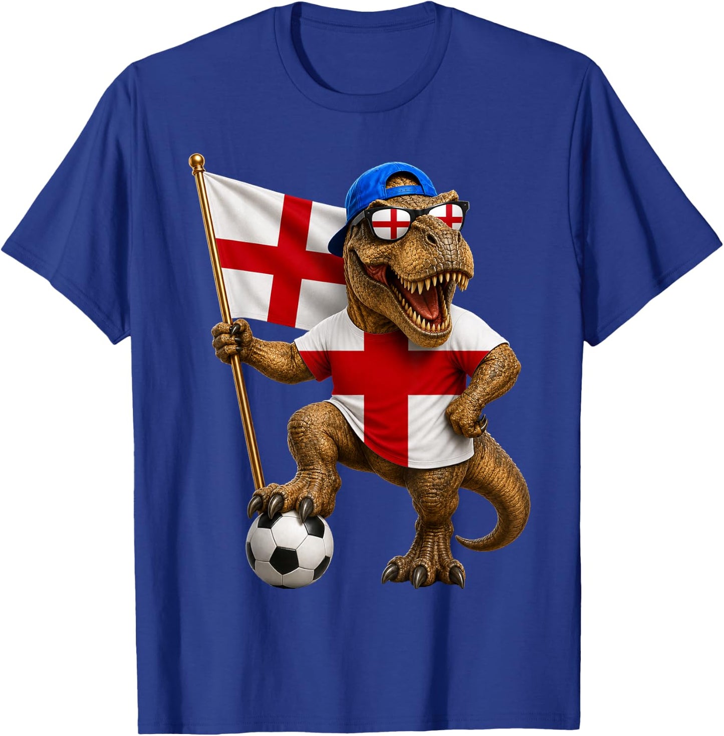 England Flag T-Rex Football Dinosaur Soccer English T-Shirt - T-Shirt | Royal