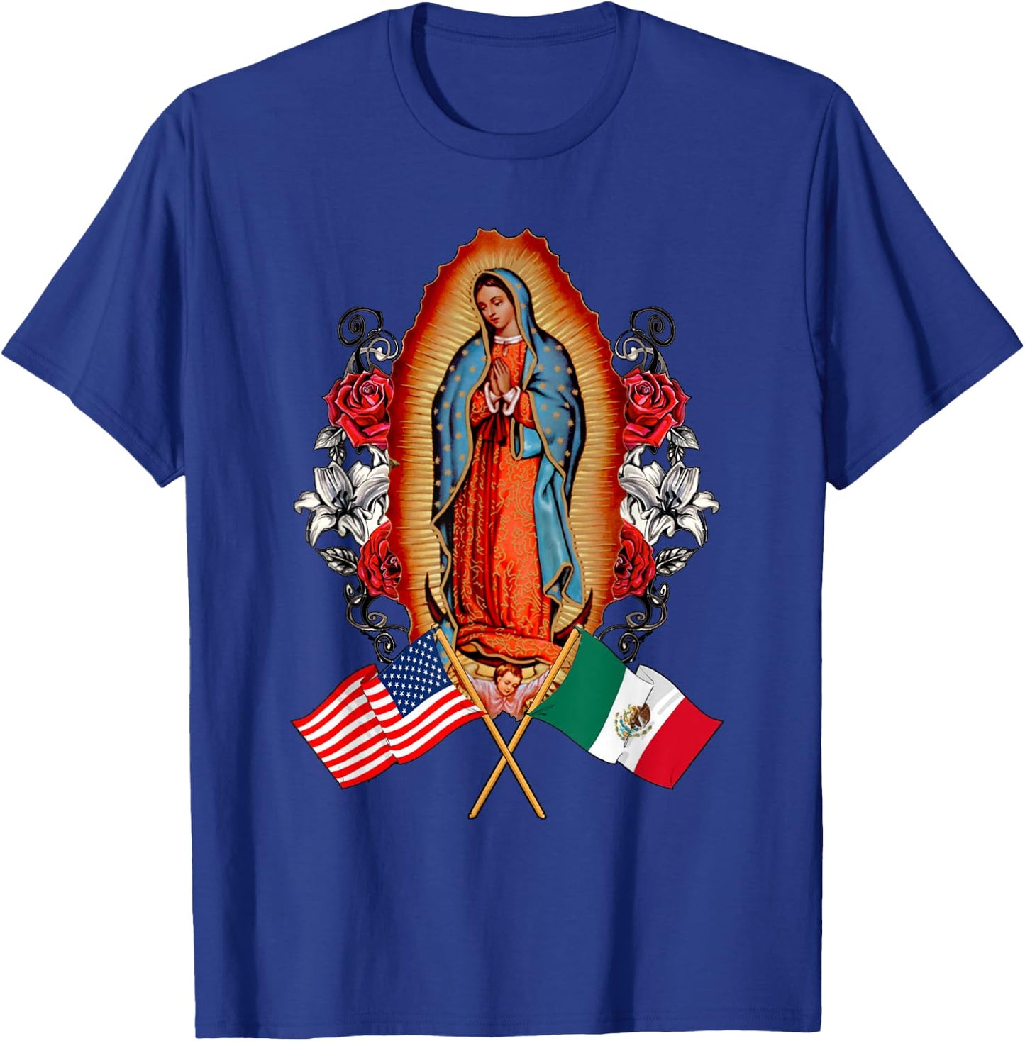 Our Lady Virgen De Guadalupe Mexican American Flag T-Shirt - T-Shirt | Royal