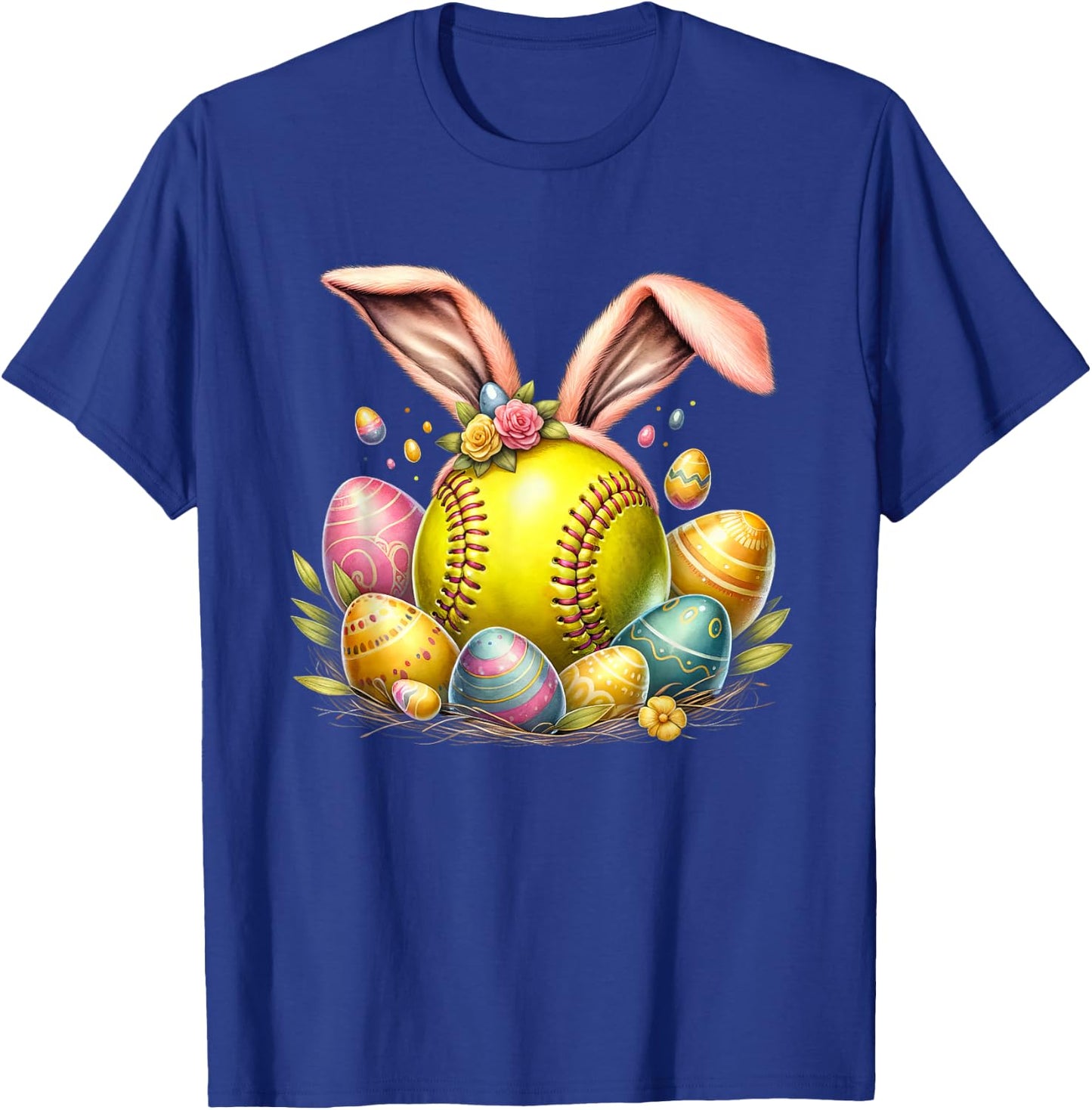 Softball Egg Bunny Ears Easter Day T-Shirt - T-Shirt | Royal