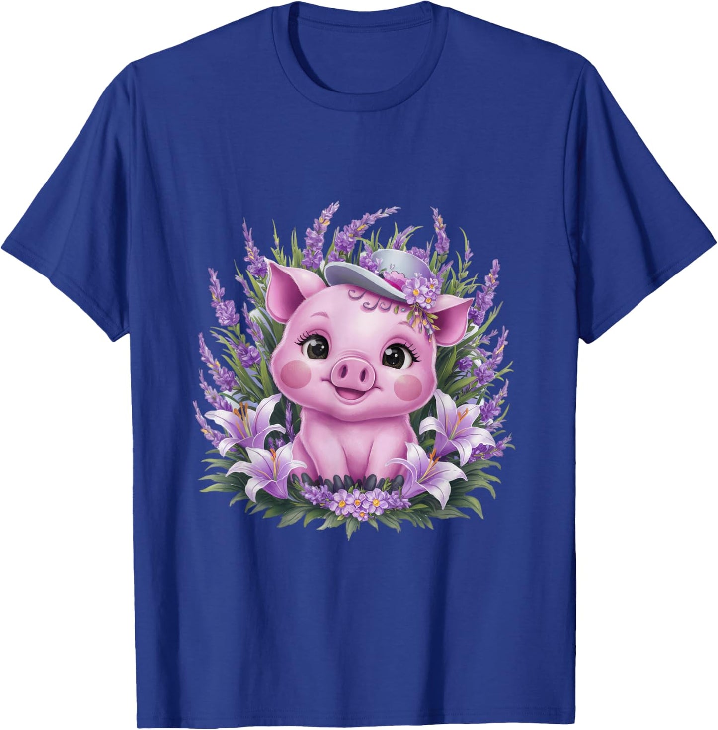 Pig in kawaii cartoon style with lavender and lilies T-Shirt - T-Shirt | Royal