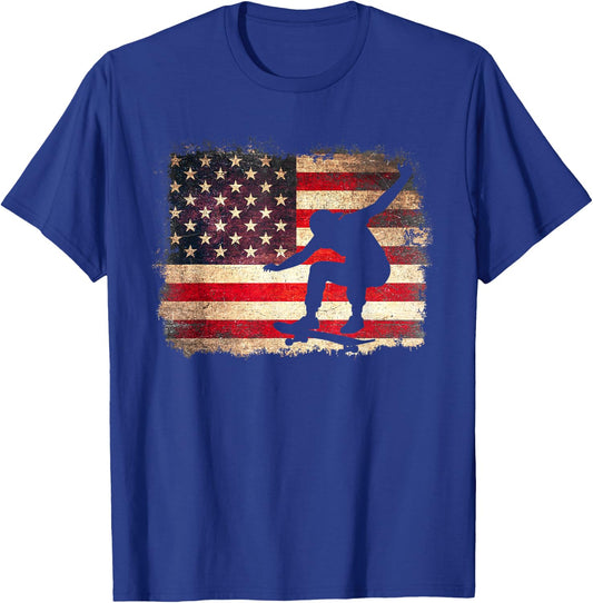 Skateboarder American Flag Skateboard USA Skater 4th of July T-Shirt - T-Shirt | Royal