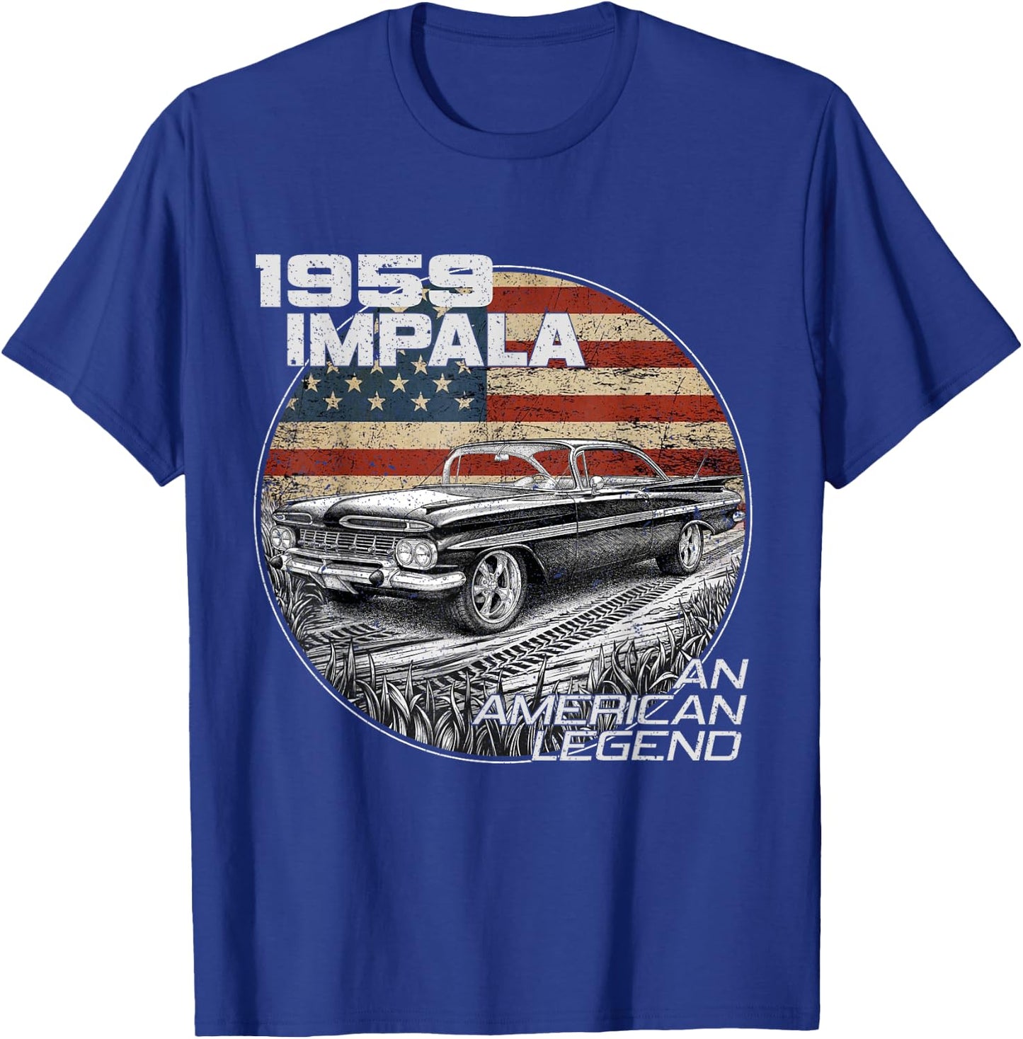 1959 59 Impala Old School Muscle Car American Flag T-Shirt - T-Shirt | Royal