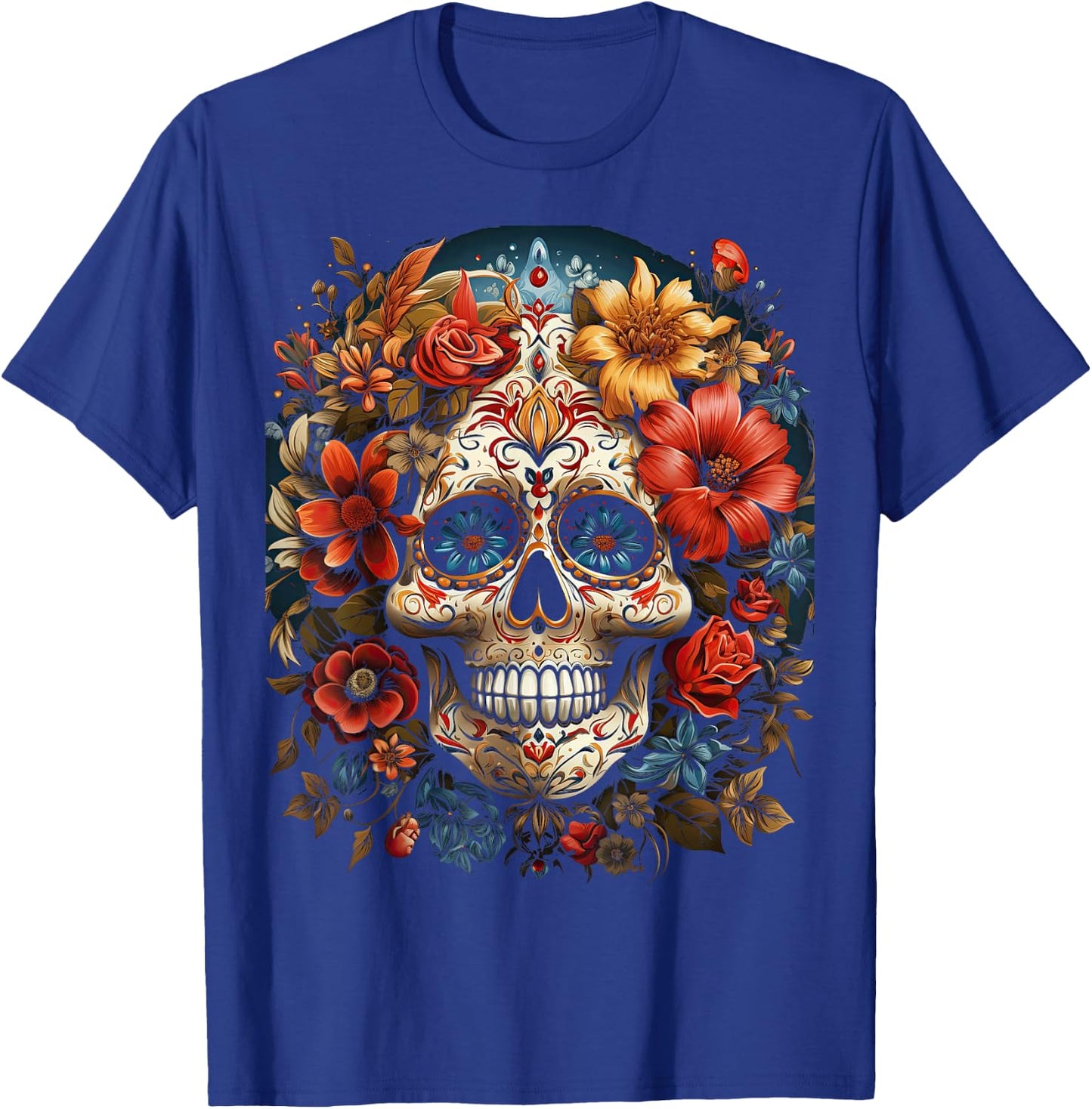 Day of The Dead Skull Schädel mit Blumen mexikanisches T-Shirt - T-Shirt | Royal