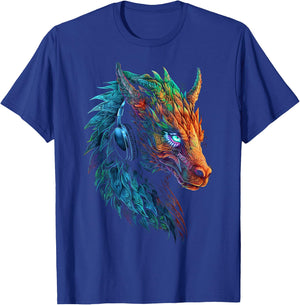 Dragon Colorful Heaphone Animal Art Abstract Graphic Dragon T-Shirt - T-Shirt | Royal