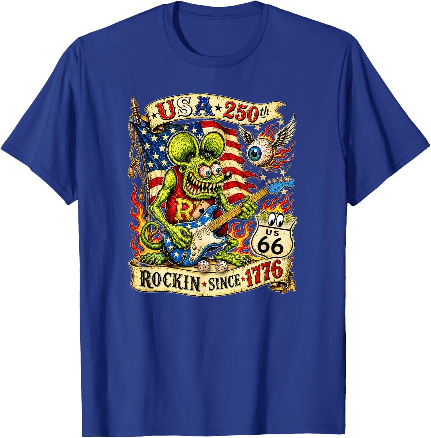 USA 250th Rat Fink US Highway 66 Guitar Flag Dice Ace Retro T-Shirt - T-Shirt | Royal