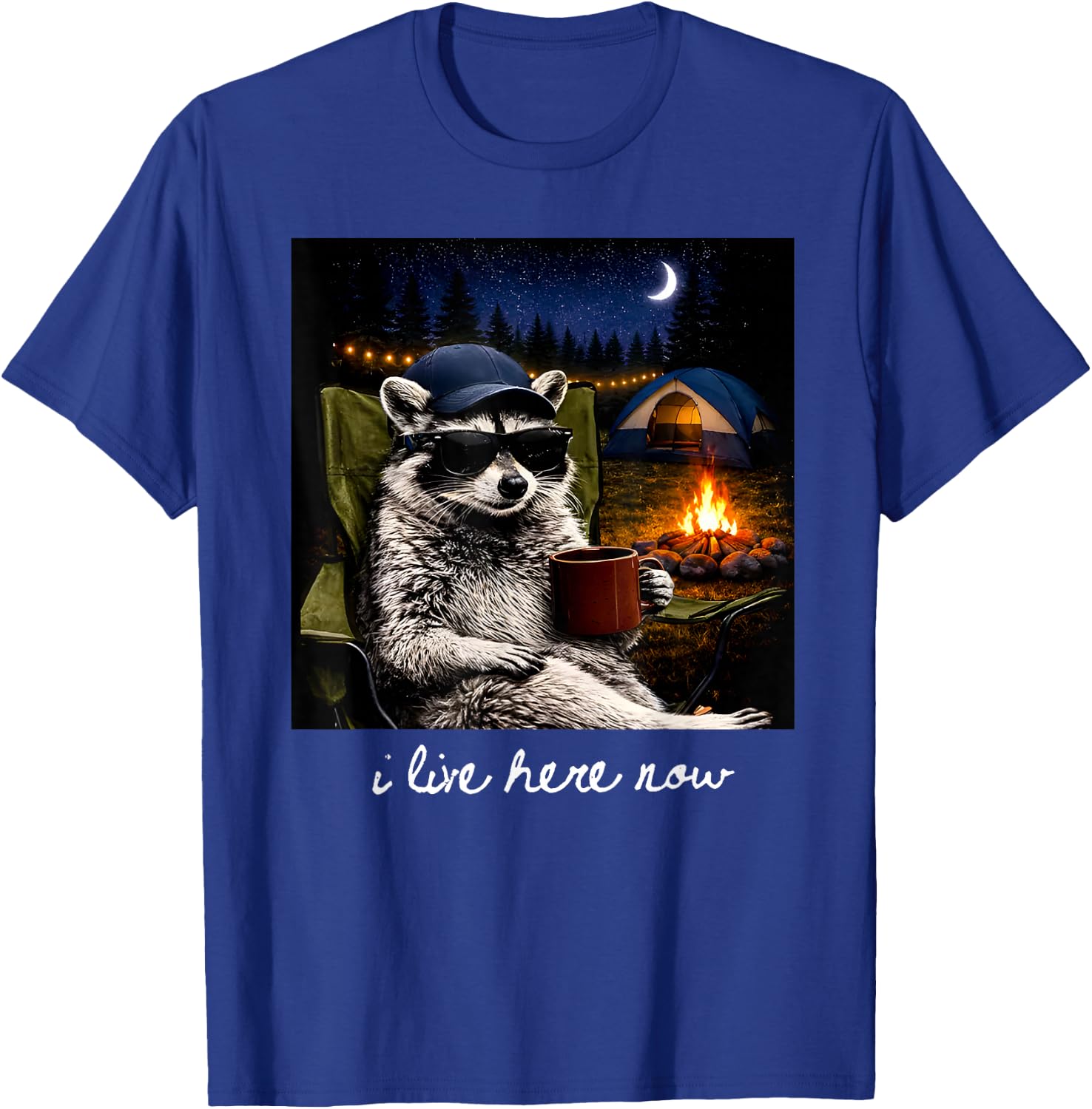 Camping Raccoon Funny Camping Crew Campfire I Live Here Now T-Shirt - T-Shirt | Royal