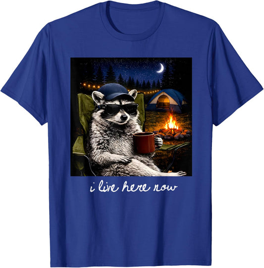 Camping Raccoon Funny Camping Crew Campfire I Live Here Now T-Shirt - T-Shirt | Royal