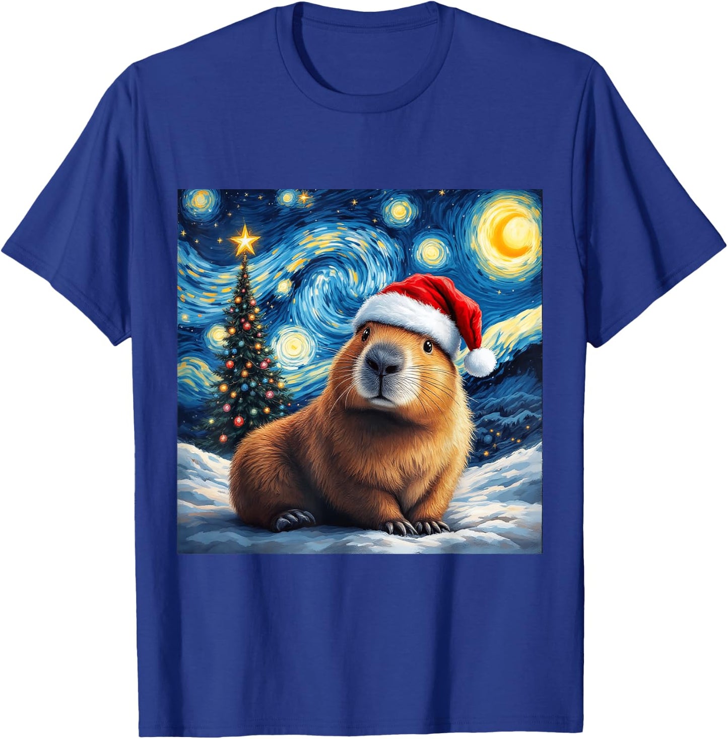 Christmas Capybara Santa Hat Van Gogh Starry Night Holiday T-Shirt - T-Shirt | Royal