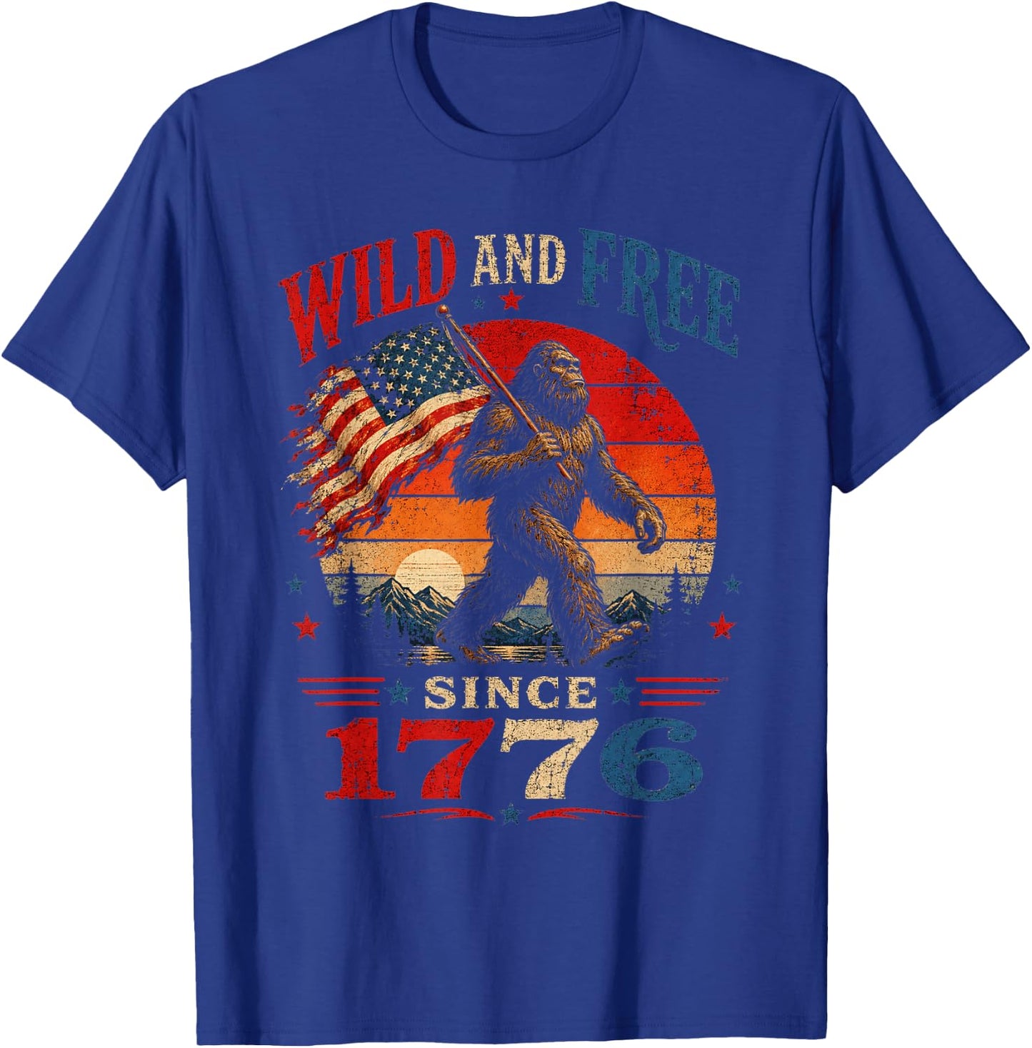 Patriotic Bigfoot Wild and Free Since 1776 American Flag T-Shirt - T-Shirt | Royal