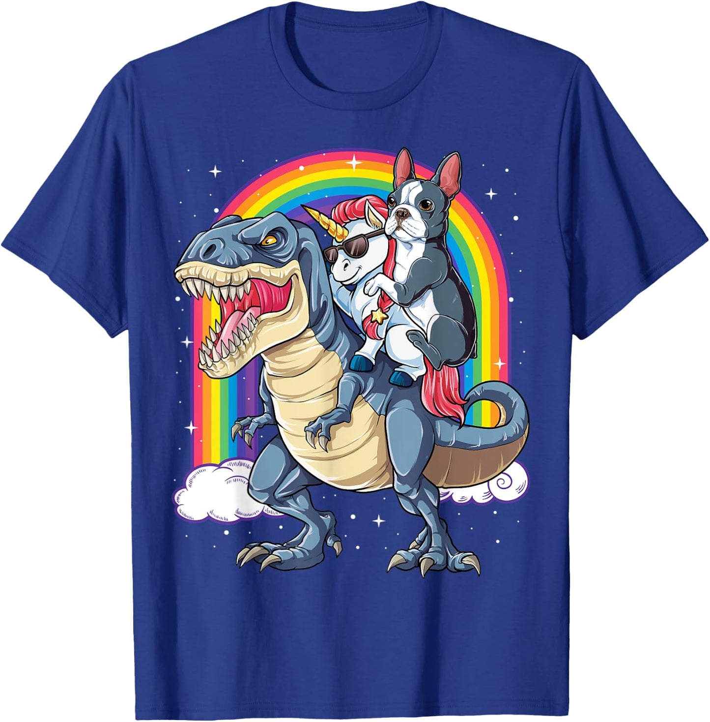 Boston Terrier Unicorn Riding Dinosaur T-rex Gift Boys Girls T-Shirt - T-Shirt | Royal