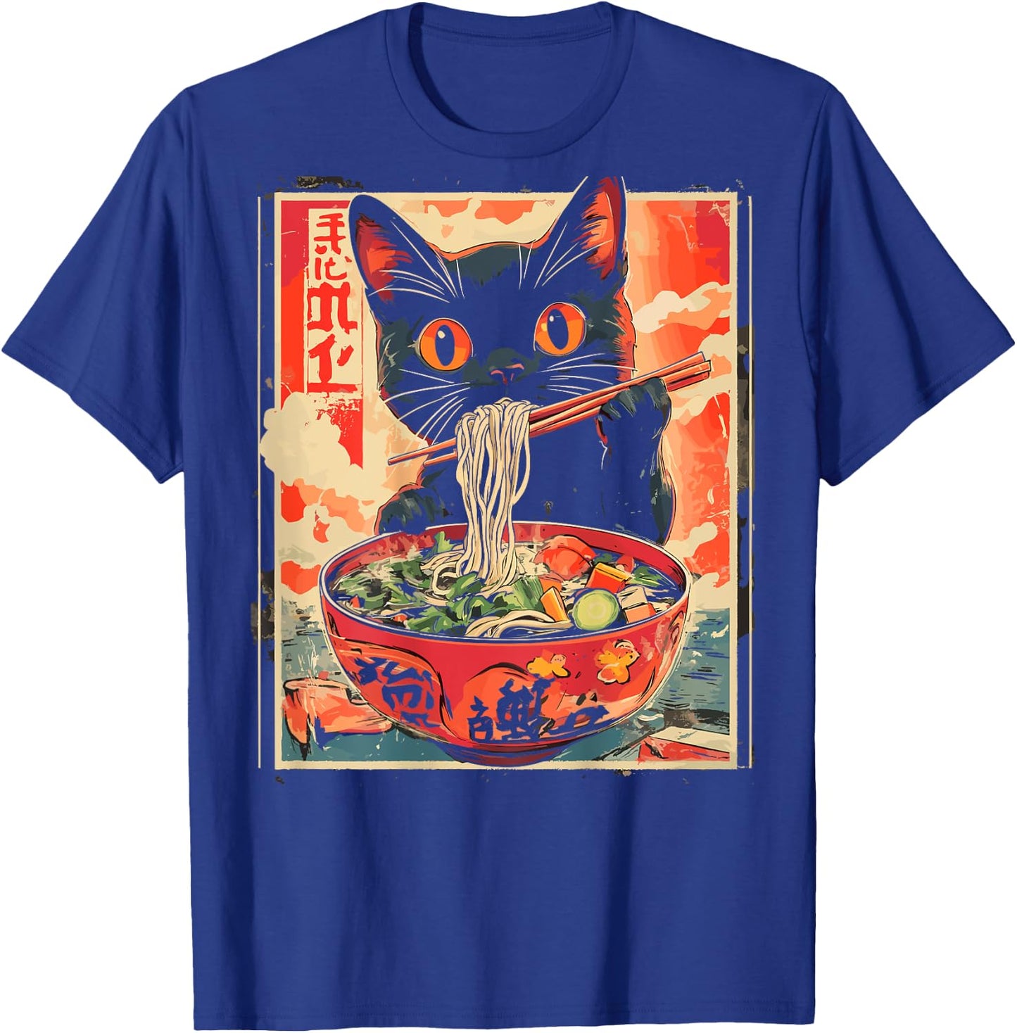 Cat Ramen Noodle Japanese Backprint , black T-Shirt - T-Shirt | Royal