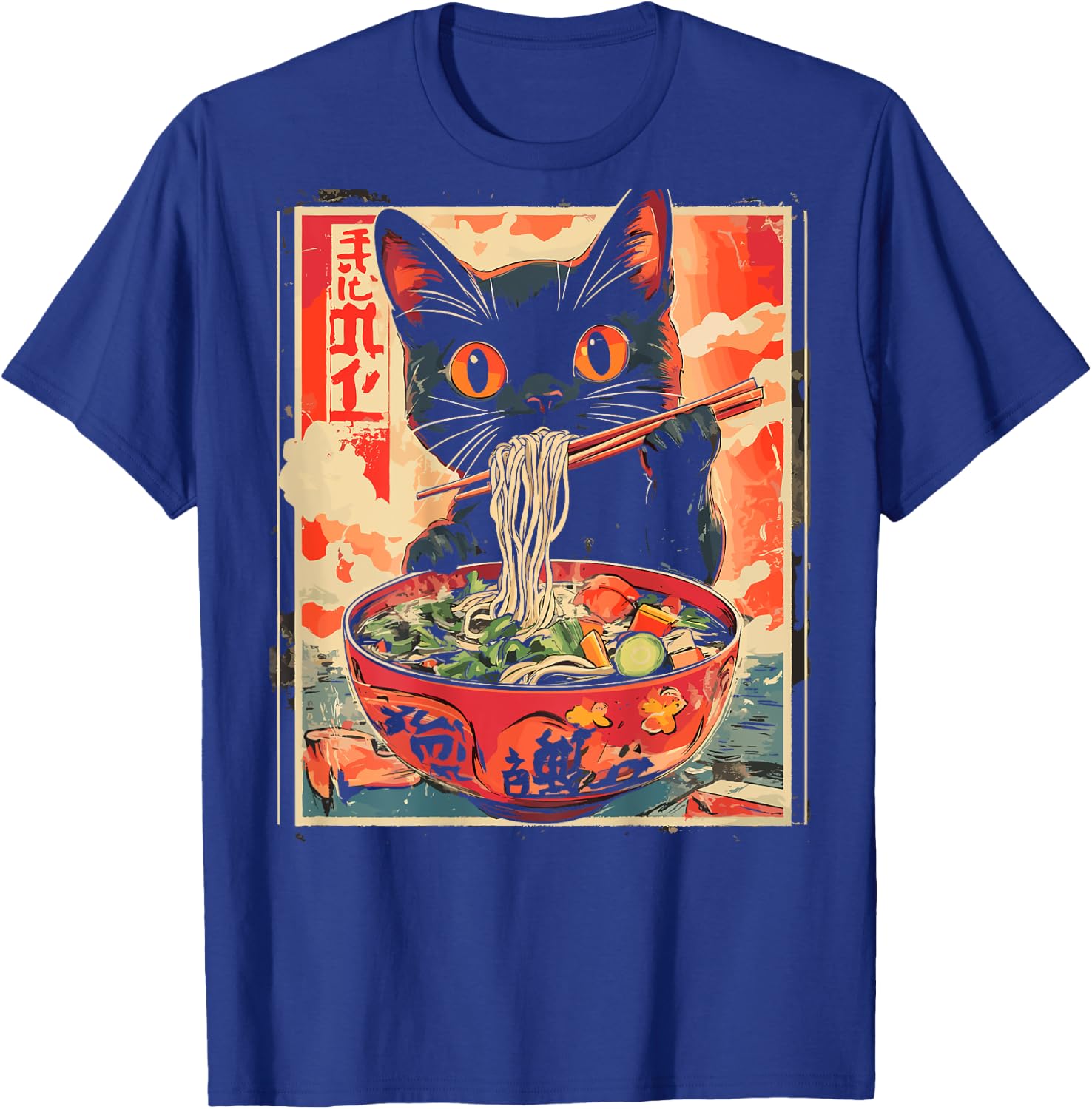 Cat Ramen Noodle Japanese Backprint , black T-Shirt - T-Shirt | Royal