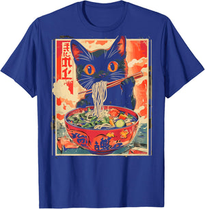 Cat Ramen Noodle Japanese Backprint , black T-Shirt - T-Shirt | Royal