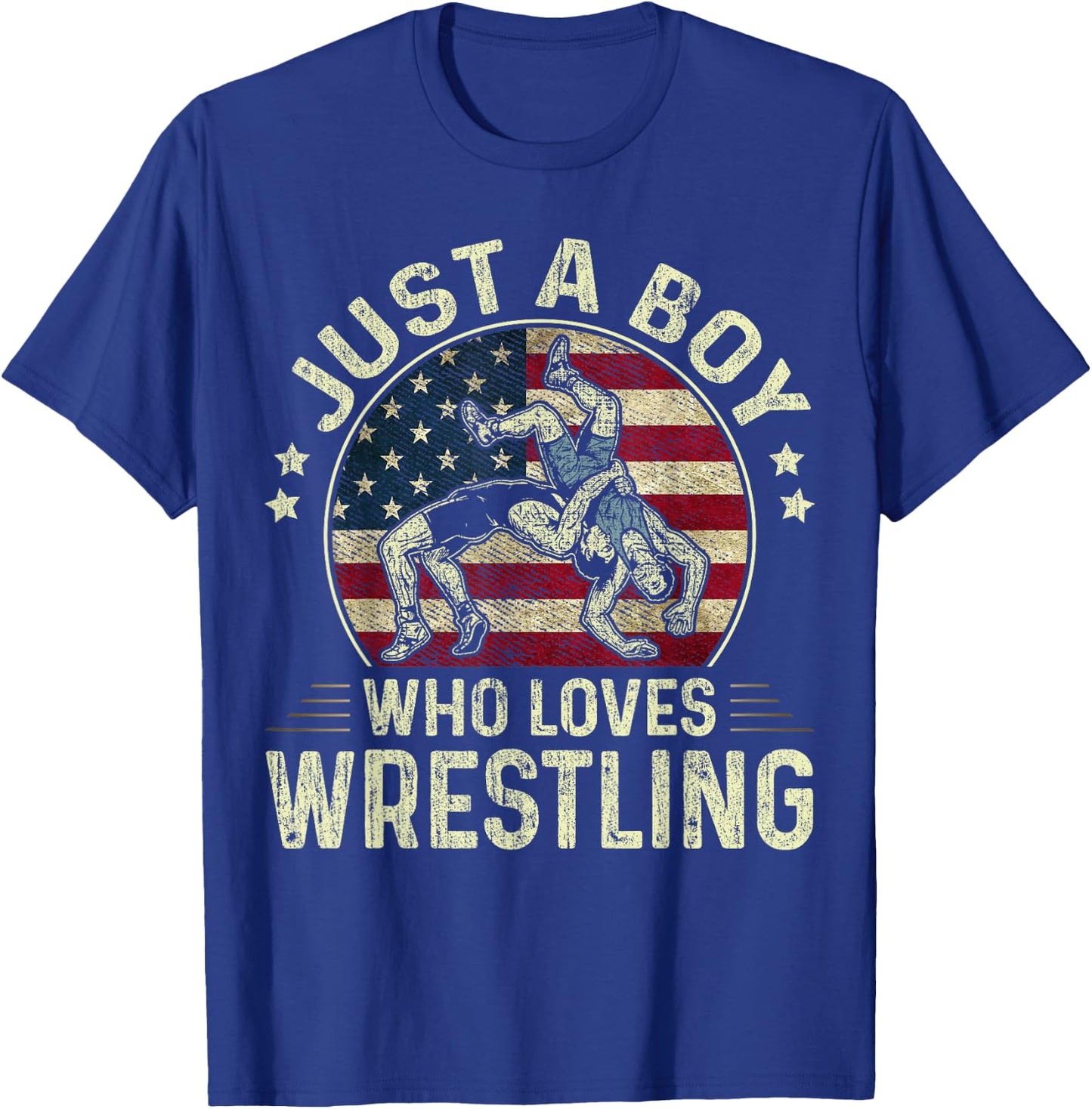 Just A Boy Who Loves Wrestling US Flag Patriotic Wrestler T-Shirt - T-Shirt | Royal