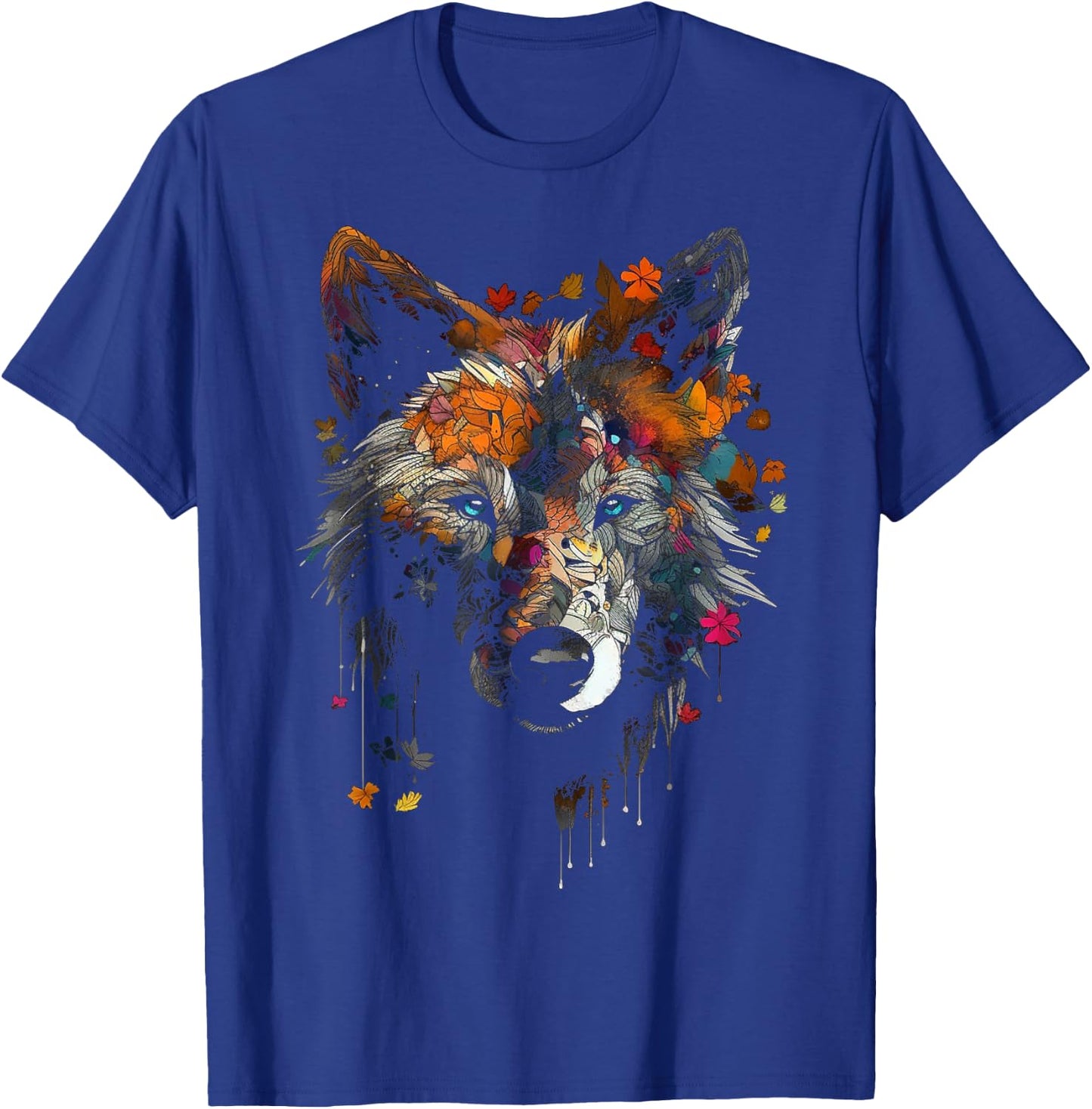 Wolf Herbst Blätter - Blaue Augen - Tier Kunst Motiv Wolf T-Shirt - T-Shirt | Royal