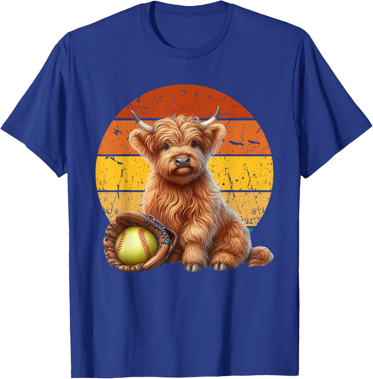 Cute Highland Cow Softball , Retro Sunset Softball T-Shirt - T-Shirt | Royal