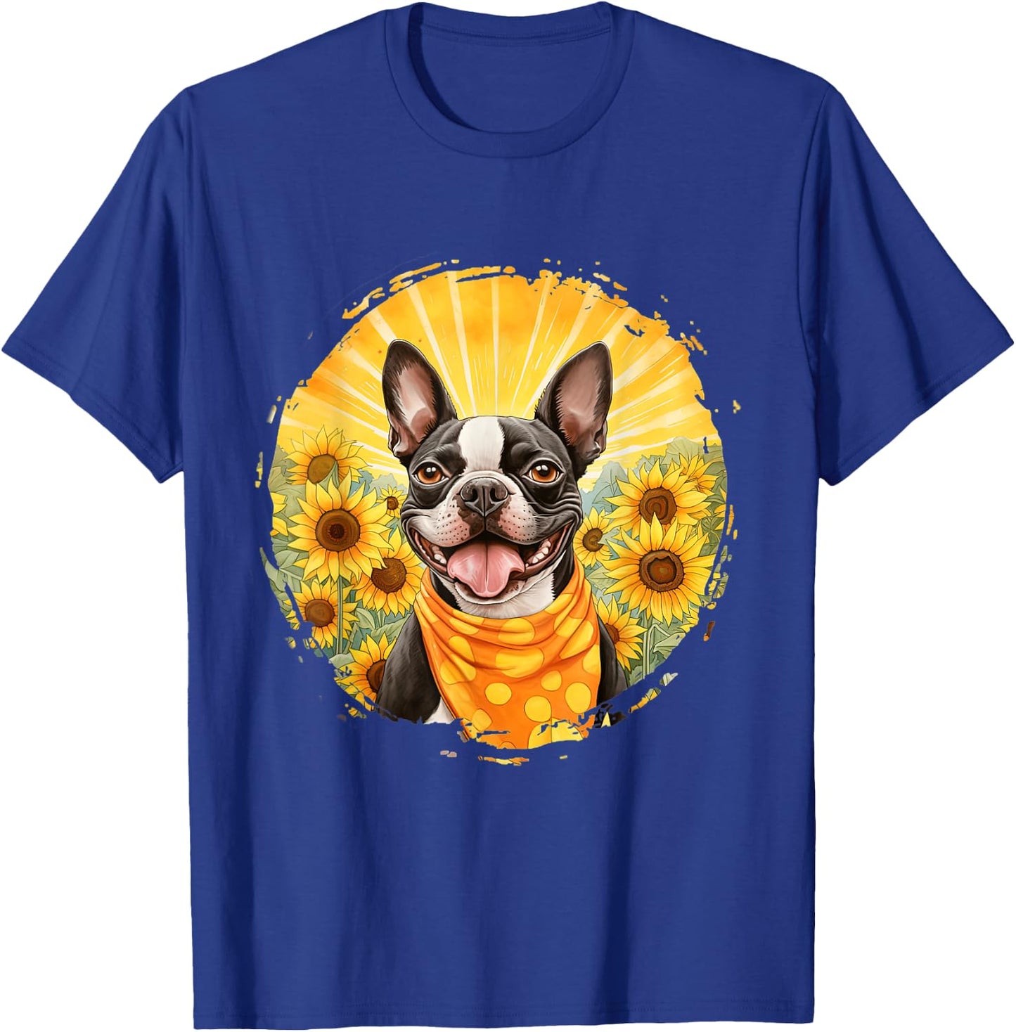 Boston Terrier Dog Vintage Bandana Headband Sunflower Field Men Women T-Shirt - T-Shirt | Royal